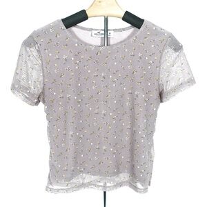 Hollister Sheer Floral Mesh Crop Top, Purple, Size M